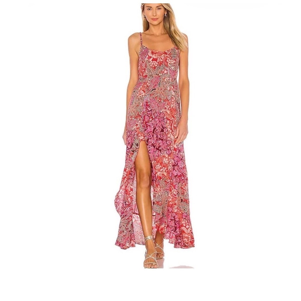 Free people Floral Paisley High Low Maxi Dress Red Pink Boho Ruffle Slit